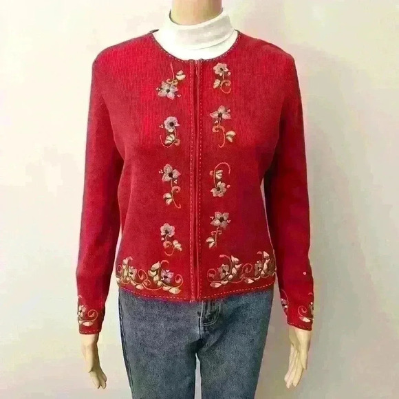Vintage grandma  red knit long sleeves sweater cardigan. Size small - Picture 1 of 7